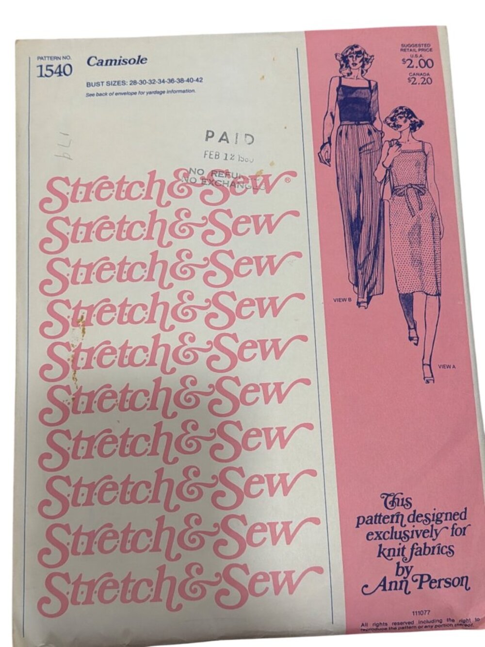 Stretch & Sew Camisole Sewing Pattern No. 1540 Bust Sizes 28-42 1977